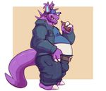 1_toe 2018 3_fingers alcohol beard belly belt beverage big_belly bottle bulge chisuun clothing facial_hair hair hat horn jacket male nidochi nidoking nintendo open_mouth overweight pants pok&eacute;mon pok&eacute;mon_(species) purple_hair purple_skin shirt side_view simple_background smile solo standing tan_background teeth video_games 
