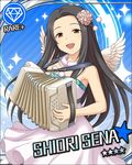  accordion angel_wings artist_request bare_shoulders black_hair blue_background brown_eyes card_(medium) character_name collarbone diamond_(symbol) dress flower hair_flower hair_ornament idolmaster idolmaster_cinderella_girls instrument long_hair looking_at_viewer music official_art open_mouth playing_instrument sena_shiori_(idolmaster) sleeveless sleeveless_dress smile solo strapless strapless_dress white_dress wings 