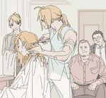 4boys alphonse_elric bandages beard belt black_hair blonde_hair brothers clenched_hands closed_eyes coat cutting_hair edward_elric eyebrows_visible_through_hair facial_hair fullmetal_alchemist glasses heymans_breda kain_fuery long_hair looking_at_another looking_away multiple_boys open_mouth p0ckylo pants ponytail riza_hawkeye scissors shirt short_hair siblings sitting smile standing sweatdrop tied_hair towel white_shirt 