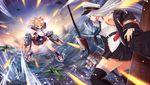  aircraft azur_lane bangs black_skirt blonde_hair blush bow breasts cape capelet cleveland_(azur_lane) commentary enterprise_(azur_lane) eyebrows_visible_through_hair full_body gradient_hair grin hat headgear highres kneehighs ko_31 large_breasts long_hair looking_at_viewer miniskirt multicolored_hair multiple_girls necktie ocean one_side_up open_mouth orange_hair parted_bangs peaked_cap pleated_skirt purple_eyes red_eyes shirt signature silver_hair sitting skirt sleeveless smile star star_print thighhighs very_long_hair waves white_cape white_footwear 