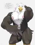  2017 alternate_version_available animal_crossing anthro apollo_(animal_crossing) avian biceps big_pecs bird bulge dialogue eagle male muscular nintendo nipples pecs repzzmonster solo sweat talking_to_viewer text tired video_games 