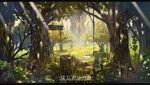  bench dappled_sunlight day fantasy fence flower forest nature no_humans original outdoors path post road scenery sunlight tree tree_stump 
