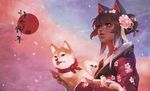  2018 absurdres animal animal_ears axis_(monori_rogue) black_hair chinese_zodiac commentary dark_skin dog dog_ears flower gradient_hair hair_bun hair_flower hair_ornament highres holding holding_animal japanese_clothes kimono lips monori_rogue multicolored_hair new_year nose original red_eyes shiba_inu short_hair snow white_hair year_of_the_dog 