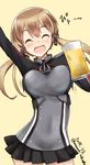  ^_^ alcohol anchor_hair_ornament arm_up beer beer_mug black_skirt blonde_hair closed_eyes cowboy_shot cup dated hair_ornament holding holding_cup iron_cross kantai_collection low_twintails microskirt military military_uniform minase_(takaoka_nanase) open_mouth pleated_skirt prinz_eugen_(kantai_collection) simple_background skirt smile solo twintails twitter_username uniform yellow_background 