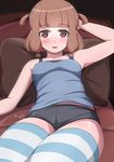  absurdres bangs bare_arms bare_shoulders bed black_shorts blue_tank_top blunt_bangs blush breasts brown_eyes brown_hair collarbone drooling eyebrows_visible_through_hair hair_tie highres looking_at_viewer lying medium_breasts on_back original parted_lips pillow saliva short_shorts short_twintails shorts sidelocks solo striped striped_legwear tank_top thick_thighs thighhighs thighs toy_box-r twintails upper_teeth 