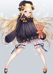  abigail_williams_(fate/grand_order) asle black_bow black_dress black_hat blonde_hair bloomers blue_eyes blush bow commentary_request dress fate/grand_order fate_(series) forehead full_body hair_bow hat holding holding_stuffed_animal long_hair looking_at_viewer open_mouth orange_bow polka_dot polka_dot_bow sleeves_past_fingers sleeves_past_wrists solo stuffed_animal stuffed_toy teddy_bear underwear very_long_hair white_bloomers 