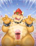  2017 anthro balls belly big_belly blue_eyes blush bowser censor_bar censored claws clothing collar confetti cum cum_on_hand cum_on_self cum_on_stomach erection facial_hair green_scales horn humanoid_penis koopa male mario_bros mustache nintendo nipples nude open_mouth penis presenting reptile reuben_(artist) scales scalie shirt smile solo spiked_armlet spiked_collar spikes standing video_games yellow_scales 