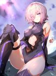  absurdres arm_at_side arm_support bare_shoulders black_gloves black_legwear breasts cleft_of_venus closed_mouth covered_nipples elbow_gloves eyebrows_visible_through_hair eyes_visible_through_hair fate/grand_order fate_(series) fisheye fujimaru_ritsuka_(female) gloves hair_over_one_eye highres impossible_clothes impossible_leotard leg_up leotard mash_kyrielight medium_breasts multiple_girls navel navel_cutout outdoors pink_hair purple_eyes riyo_(lyomsnpmp)_(style) shanyao_jiang_tororo short_hair smile solo_focus thighhighs 