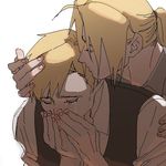  alphonse_elric blonde_hair brothers closed_eyes crying edward_elric eyebrows_visible_through_hair fingernails forehead_kiss fullmetal_alchemist grey_shirt hands_on_another's_head hands_on_own_face kiss lowres male_focus multiple_boys p0ckylo ponytail sad shaded_face shirt siblings simple_background tears waistcoat white_background white_shirt 