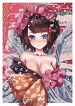  absurdres bare_shoulders black_hair black_kimono blue_eyes breasts cleavage eyebrows_visible_through_hair fate/grand_order fate_(series) flower hair_flower hair_ornament hairpin highres japanese_clothes katsushika_hokusai_(fate/grand_order) kimono looking_at_viewer medium_breasts short_hair sketch solo ten_no_hoshi upper_body 