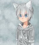  animal_ears bandaged_arm bandages blue_eyes drawstring grey_hoodie male_focus original rain serious silver_hair slit_pupils solo standing_in_rain touyama_(t3yama2) water_drop wet wet_clothes wet_hair wolf_ears 