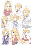  alternate_hair_length alternate_hairstyle bangs_pinned_back blonde_hair braid breasts cleavage english fate/apocrypha fate/grand_order fate_(series) forehead french_braid green_eyes hair_ornament hair_over_shoulder hair_scrunchie highres long_hair mordred_(fate) mordred_(fate)_(all) mozu_(peth) multiple_views red_scrunchie school_uniform scrunchie serafuku shirt short_hair sketch small_breasts t-shirt twin_braids twintails 
