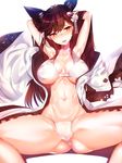  animal_ears ass_visible_through_thighs atago_(azur_lane) azur_lane bikini black_hair breasts flower hair_flower hair_ornament highres japanese_clothes kimono large_breasts long_hair looking_at_viewer mole mole_under_eye navel open_clothes open_kimono silly_(marinkomoe) sitting solo spread_legs swimsuit swimsuit_under_clothes white_bikini wolf_ears 