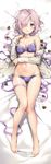  absurdres anmi bangs bare_legs bare_shoulders bed_sheet blush bow bow_bra bra breasts chocolate chocolate_heart dakimakura eyebrows_visible_through_hair fate/grand_order fate_(series) frilled_bra frills from_above full_body hair_over_one_eye heart highres huge_filesize large_breasts lavender_hair looking_at_viewer lying mash_kyrielight medium_breasts multi-strapped_panties navel on_back open_clothes open_mouth panties plaid plaid_bra plaid_panties purple_bra purple_eyes purple_panties ribbon scan short_hair smile solo underwear 