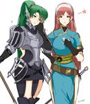  absurdres armor breastplate commentary fire_emblem fire_emblem:_kakusei fire_emblem:_rekka_no_ken fire_emblem_heroes gauntlets green_eyes green_hair highres holding holding_weapon long_hair looking_at_viewer lyndis_(fire_emblem) multiple_girls ormille pauldrons red_hair serge_(fire_emblem) simple_background smile thighhighs weapon white_background 