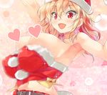  1girl arm_up armpits belt blush breasts brown_hair censored costume heart heart_censor large_breasts long_hair looking_at_viewer navel nipple_censor no_bra open_mouth original porurin_(do-desho) red_eyes santa_costume smile solo sparkle standing wardrobe_malfunction 