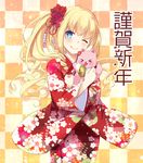  &gt;_&lt; :d ;) alcohol amagi_brilliant_park animal animal_hug bangs beer beer_can blonde_hair blush can cat checkered checkered_background closed_mouth commentary_request eyebrows_visible_through_hair floral_print flower hair_flower hair_ornament happy_new_year head_tilt japanese_clothes kimono latifa_fleuranza long_hair long_sleeves looking_at_viewer nakajima_yuka new_year one_eye_closed open_mouth print_kimono red_flower red_kimono side_ponytail sidelocks smile tiramii very_long_hair wide_sleeves xd 