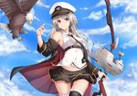  absurdres azur_lane bird black_legwear blonde_hair blue_eyes bow bow_(weapon) breasts calligraphy_brush calligraphy_brush_(medium) cloud cloudy_sky commentary day eagle enterprise_(azur_lane) gloves graphite_(medium) hair_ornament hat highres kana616 large_breasts long_hair looking_at_viewer miniskirt necktie open_clothes paintbrush peaked_cap shirt skirt sky sleeveless sleeveless_shirt smile solo thighhighs traditional_media very_long_hair weapon 