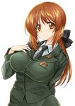  alternate_breast_size alternate_costume alternate_hair_length alternate_hairstyle arm_behind_back bangs black_neckwear black_ribbon breasts brown_eyes brown_hair closed_mouth dress_shirt epaulettes eyebrows_visible_through_hair girls_und_panzer green_jacket green_skirt hair_ribbon hand_on_own_chest highres insignia jacket japan_ground_self-defense_force japan_self-defense_force large_breasts leaning_to_the_side long_hair long_sleeves looking_at_viewer medal metk military military_uniform name_tag necktie nishizumi_miho older pencil_skirt ponytail ribbon shirt skirt smile solo standing uniform upper_body white_shirt wing_collar 