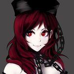  absurdres bare_shoulders chain collar commentary grey_background hecatia_lapislazuli highres inoshin_(inixia1748) looking_at_viewer medium_hair off-shoulder_shirt off_shoulder polos_crown red_eyes red_hair shirt simple_background smile solo touhou upper_body 