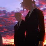  alphonse_elric blonde_hair brothers cloud cloudy_sky commentary_request edward_elric eyebrows_visible_through_hair formal fullmetal_alchemist looking_down male_focus multiple_boys necktie p0ckylo ponytail sad shirt short_hair siblings sky standing suit sunset tombstone white_shirt 