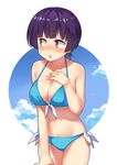  bikini blue_bikini blush breasts circle cleavage cowboy_shot eromanga_sensei front-tie_top highres large_breasts looking_away open_mouth purple_eyes purple_hair senju_muramasa short_hair side-tie_bikini solo subaru_(794829485) swimsuit white_background 