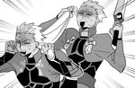  alternate_hair_length alternate_hairstyle archer dark_skin dark_skinned_male dual_persona emphasis_lines fate/extella fate/extella_link fate/extra fate/stay_night fate_(series) greyscale hair_pull mo_(kireinamo) monochrome multiple_boys sweat 