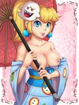  1girl alternate_costume areolae bare_shoulders blonde_hair blue_eyes boo breasts breasts_outside collarbone evomanaphy fire_flower hair_ornament japanese_clothes kimono lips long_hair looking_at_viewer mask mask_on_head medium_breasts nintendo nipples ponytail princess_peach smile solo super_mario_bros. teeth umbrella 