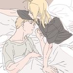  alphonse_elric bed bed_sheet black_shirt blonde_hair brothers closed_eyes edward_elric fingernails fullmetal_alchemist grey_shirt lowres lying male_focus multiple_boys outstretched_arm p0ckylo pillow shirt short_hair siblings sleeping sleepy sunlight 