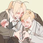  alphonse_elric blonde_hair brothers clenched_hand closed_eyes coat commentary edward_elric eyebrows_visible_through_hair fingernails formal fullmetal_alchemist hands_together happy heart heart_hands male_focus multiple_boys necktie open_mouth p0ckylo ponytail shaded_face shirt short_hair siblings simple_background smile waistcoat white_background white_shirt 