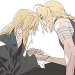  alphonse_elric bandages black_shirt blonde_hair braid brothers coat edward_elric eyebrows_visible_through_hair fullmetal_alchemist holding_hands long_hair looking_at_another looking_down lowres male_focus multiple_boys oekaki p0ckylo shirt siblings simple_background sleeveless smile white_background yellow_eyes 