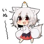  animal_ears check_translation chibi chinese_zodiac commentary detached_sleeves eyebrows_visible_through_hair fang food fruit hair_between_eyes inubashiri_momiji kagami_mochi long_sleeves looking_at_viewer orange pom_pom_(clothes) red_eyes short_hair simple_background skirt solo tail touhou translation_request twumi white_hair wide_sleeves wolf_ears wolf_tail year_of_the_dog 