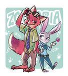  2017 abstract_background anthro barefoot border canine clothed clothing dipstick_tail disney duo eyewear female food fox fur hand_in_pocket hand_on_hip hawaiian_shirt hi_res holding_object judy_hopps kaged640 lagomorph looking_back male mammal multicolored_tail necktie nick_wilde orange_fur pants pawpsicle police_uniform popsicle rabbit shirt size_difference smile standing sunglasses text uniform white_border zootopia 