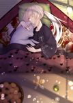  artoria_pendragon_(all) blonde_hair bowl carpet closed_eyes commentary_request cup dog fate/grand_order fate_(series) food from_above fruit fur_trim hanten_(clothes) highres indoors kotatsu light_particles lip-mil long_hair mandarin_orange orange orange_slice parted_lips pillow ponytail saber_alter sleeping table under_kotatsu under_table wide_sleeves yellow_eyes 