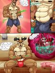  2018 5_fingers abs anthro antlers biceps black_nose blue_eyes brown_fur brown_hair bucky_(hungothenomster) bulge canine cervine clothed clothing comic deer english_text forced fox fur grin hair hand_on_stomach horn hungothenomster inside_stomach internal looking_down macro male mammal micro multicolored_fur muscular muscular_male navel navel_rim nipples oral_vore outie_navel red_fur shorts simple_background sitting size_differe size_difference smile spa speech_bubble standing stomach_acid text tight_underwear topless two_tone_fur underwear vore whiskers white_fur white_hair 