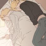  alphonse_elric bed bed_sheet black_shirt blonde_hair brothers closed_eyes edward_elric fullmetal_alchemist long_sleeves lowres male_focus multiple_boys p0ckylo pants pillow ponytail shirt short_hair siblings sleeping sunlight white_shirt 