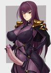  armor bodysuit breasts commentary covered_nipples cowboy_shot english_commentary erection fate/grand_order fate_(series) futanari gold_trim hand_on_own_penis large_breasts large_penis long_hair looking_at_viewer mikoyan penis purple_bodysuit purple_hair red_eyes scathach_(fate)_(all) scathach_(fate/grand_order) shoulder_armor simple_background skin_tight solo standing sweatdrop uncensored 