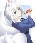  absurdres alternate_costume animal_ears azur_lane bangs blue_eyes blunt_bangs breasts commentary_request fox_ears fox_tail highres holding kaga_(azur_lane) large_breasts long_sleeves multiple_tails school_uniform short_hair solo tail voids white_hair 