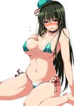  absurdres ar_(lover_boy) beret bikini black_hair blue_bikini blue_hat blush breasts choker choukai_(kantai_collection) collarbone covered_nipples flower_knot glasses hand_on_own_chest hat highres kantai_collection looking_at_viewer micro_bikini mini_hat navel nose_blush open_mouth red_eyes remodel_(kantai_collection) rimless_eyewear side-tie_bikini simple_background sitting skindentation solo swimsuit tassel wariza white_background 