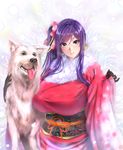  2018 animal blue_eyes breasts commentary_request cowboy_shot dog eyebrows_visible_through_hair floral_print fur_trim gloves highres japanese_clothes kimono large_breasts long_hair looking_at_viewer obi original purple_hair sash side_ponytail smile zucchini 