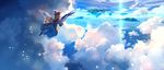  blonde_hair blue_sky cloud dress eho_(icbm) feathered_wings floating_island flying hat lily_white long_hair sky solo touhou wings 