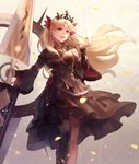  :d black_dress black_nails blonde_hair blush chain double-blade dress earrings ereshkigal_(fate/grand_order) fate/grand_order fate_(series) from_below hair_ribbon holding holding_weapon jewelry kanmuri_(hanyifan30338) long_hair long_sleeves nail_polish open_mouth petals red_eyes red_ribbon ribbon skull smile solo standing tiara twintails weapon 