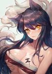  ahri animal_ears black_hair blush body_writing breasts cleavage eyebrows_visible_through_hair fang fox_ears fox_tail highres large_breasts league_of_legends long_hair looking_at_viewer multiple_tails solo tail torn_clothes upper_body xing yellow_eyes 