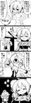 4koma =_= absurdres ahoge ascot bag bandages blush breasts building bun_cover chinese_clothes chopsticks cleavage comic commentary crumbs eating eighth_note emphasis_lines eyebrows_visible_through_hair flower food futa_(nabezoko) glasses greyscale hair_between_eyes hand_on_hip heart highres ibaraki_kasen juliet_sleeves long_sleeves monochrome multiple_girls musical_note naked_towel one_eye_closed opaque_glasses open_mouth outdoors pleated_skirt pocky puffy_sleeves rooftop scarf school_uniform short_hair skirt speech_bubble spoken_musical_note sweat touhou towel translated usami_sumireko waving |_| 