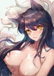  ahri animal_ears black_hair blush breasts eyebrows_visible_through_hair fang fox_ears fox_tail highres large_breasts league_of_legends long_hair looking_at_viewer multiple_tails nipples nude solo tail upper_body xing yellow_eyes 