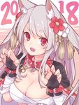  2018 :d animal_ears azur_lane bandaged_arm bandages blush breasts bridal_gauntlets budget_sarashi cape claw_pose cleavage collar eyebrows_visible_through_hair fang flower grey_hair hair_flower hair_ornament heart jewelry long_hair medium_breasts nail_polish open_mouth pendant red_eyes red_nails sarashi sawara_(starligtvision) sidelocks smile solo spiked_collar spikes tareme tassel upper_body v-shaped_eyebrows wolf_ears yuudachi_(azur_lane) 