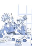  1girl breasts cat cleavage commentary fairy_tail food hair_up happy_(fairy_tail) japanese_clothes large_breasts looking_at_another lucy_heartfilia mashima_hiro monochrome natsu_dragneel smile spiked_hair table 