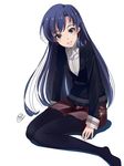  bangs black_legwear black_sweater blue_hair blush dark_blue_hair glint idolmaster idolmaster_(classic) kisaragi_chihaya long_hair long_sleeves looking_at_viewer mistrail no_shoes pantyhose pantyhose_under_shorts parted_lips red_eyes red_shorts shirt shorts signature sitting smile solo straight_hair sweater tareme very_long_hair white_shirt 