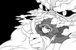  bangs black_background blush closed_mouth eyebrows_visible_through_hair foreshortening greyscale hood index_finger_raised kumoi_ichirin long_sleeves monochrome simple_background smile sunatoshi touhou tsurime unzan 