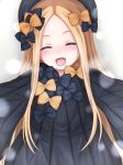  1girl :d abigail_williams_(fate/grand_order) bangs black_bow black_dress black_hat blonde_hair blush bow commentary_request dress eyebrows_visible_through_hair eyes_closed facing_viewer fate/grand_order fate_(series) forehead hair_bow hat head_tilt highres hiyoko_kamen long_hair long_sleeves open_mouth orange_bow outstretched_arms parted_bangs polka_dot polka_dot_bow sleeves_past_fingers sleeves_past_wrists smile solo upper_body very_long_hair 